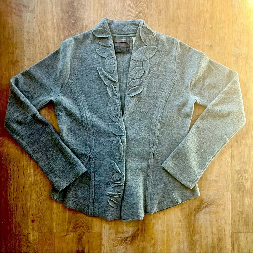 Vintage Anthropologie Wool Leaf-Trim Knit Cardigan - Picture 1 of 11